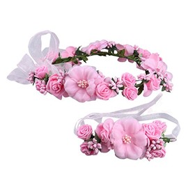 MioCloth Flower Crown Headband Garland Wrist Band Wedding Party Wreath Women Girl Pink
