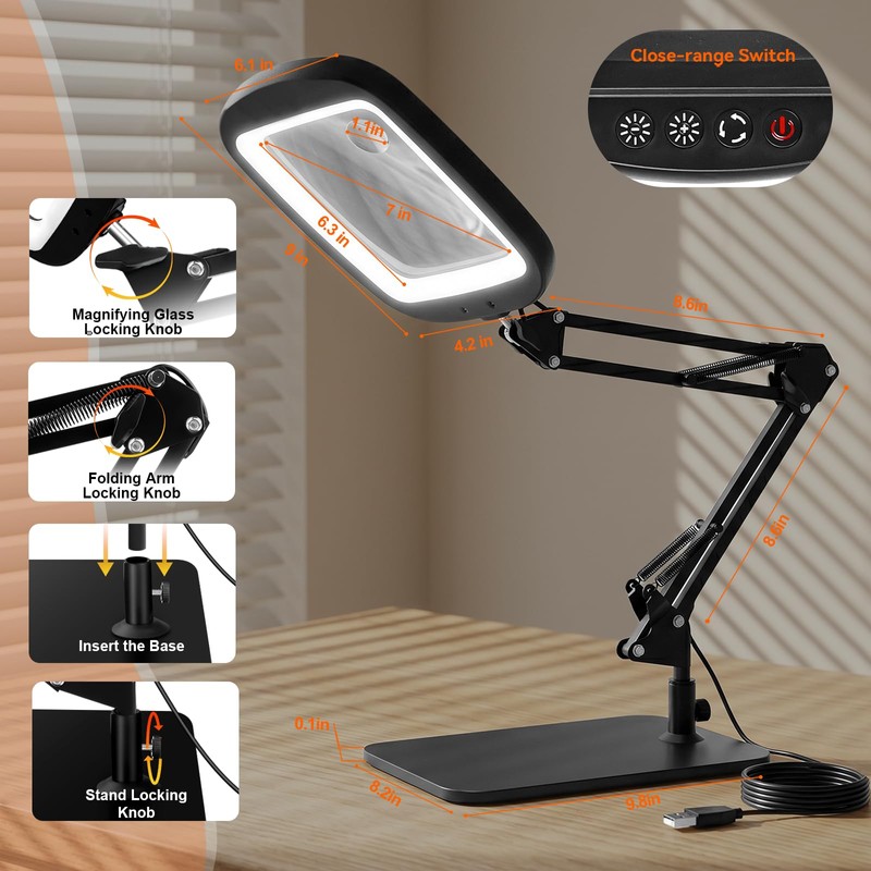 10X 30X Extra Large Magnifying Glass with Light and Stand,7-inch
