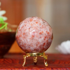 Crocon 60mm Sunstone diamond cut Stone sphere Ball with Metal Stand 1400+ Carats Gemstone Ball Healing ornament rock Sphere Sculpture Figurine for Fengshui Divination Crystal Home Decor Photography