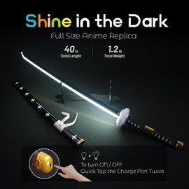 RENGENG Light Up Sword, 40 Inches Rechargeable Pre-Assembled Plastic Replica Anime Sword with Belt & Stand & Spinner