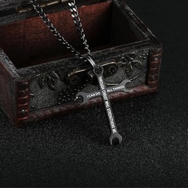 PJWONG Hippie Black Stainless Steel Wrench Cross Necklace for Men Cool Peace Triangle Chain Pendant Necklaces I CAN DO ALL THINGS Inspirational Jewelry Gift for Dad Son (Black)