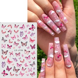4 Sheets Butterfly Nail Art Stickers Decals, 3D Self-Adhesive Nail Stickers Pink Blue Colorful Butterfly Designs for Women Girls Nail Art Decorations…