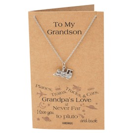 Quan Jewelry Steam Engine Train Necklace with Inspirational Message on Greeting Card, Birthday Gifts for Grandson in Silver Tone, Adjustable Chain 16" to 18"