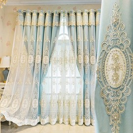 Amidoudou 1 Pair European Double Layer Curtains with Valances for Living Room Bedroom Luxury 3D Flower Embroidered Curtains (Blue,52x96 Inch)