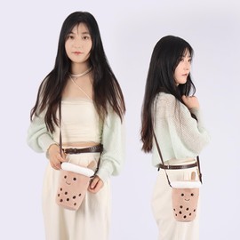 Apricot Lamb Bubble Tea with Cream Drinking Shaped Plush Bag Purse for Teenage Girls and Adults, Plush Animal Shaped Shoulder Bag, Kids Fashion Handbags, 18 cm, brown