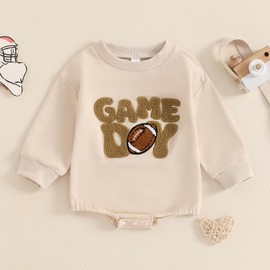 ZAXARRA Newborn Baby Boy Girl Fall Outfit Letter Football Print Embroidery Romper Long Sleeve Pullover Sweatshirt Jumpsuit (Khaki, 3-6 Months)