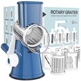 Cambom Rotary Cheese Grater Hand Crank Cheese Shredder for Fresh Cheese, Vegetable, Nuts,Non-slip Suction Base, Five Blades, Dark Blue