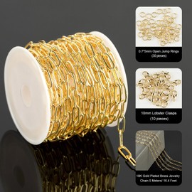 YOUBEIYEE 5 Meters Light Gold Paperclip Jewelry Chain for Jewelry Making 18K Gold Plated Brass Link Chain Necklace DIY with Jump Rings and Lobster Clasps