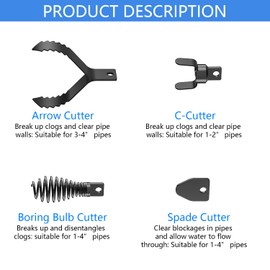 4-Piece Drain Snake Attachment Replacement Cutters-Boring Bulb Cutter,C-Cutter,Spade Cutter,Arrow Cutter-Compatible with 50FT-100FT Drain Snake for 1-4“ Pipe