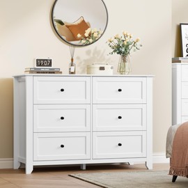 IDEALHOUSE White Dresser for Bedroom, Large 6 Drawer Dresser with Deep Drawers & Metal Knobs, Modern Wooden Double Chests of Drawers for Kids Bedroom, Entryway, Hallway