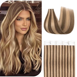 Benehair Tape-In Real Hair Extensions, Invisible Tape Extensions, Real Hair, 20 Pieces, 30 g, Remy Natural Tapes, 50 cm, Cool Brown Mixed Light Brown
