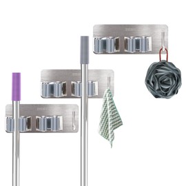 LINCAN Broom Holder Wall Mount, SUS304 Stainless Steel Mop Organizer, Heavy Duty Mop Broom Hanger with Hooks, Self Adhesive Storage Rack for Laundry Kitchen Garage Garden Storage, 3PCS