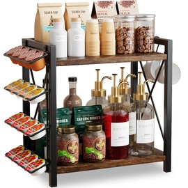 BOKIOVIN Coffee Bar Shelf Accessories Organzier for Countertop with K Cups Holder, 2 Tier Coffee Stand Station Organizer for Countertop with 2 Hooks(Black)