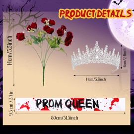 3 Pcs Halloween Prom Queen Crowns and Sashes Set Bloody Prom Costume Silver Wedding Crystal Tiaras and Rosette for Cosplay Spooky Queen Party