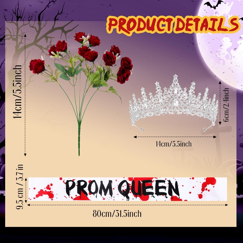 3 Pcs Halloween Prom Queen Crowns and Sashes Set Bloody