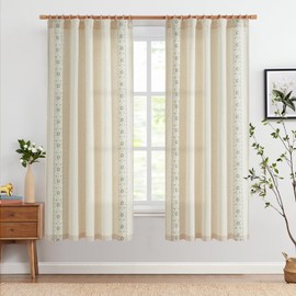 jinchan Boho Curtains for Bedroom Sage Green Vintage Floral Farmhouse Curtains 72 Inches Long Linen Blend Drapes for Living Room Embroidered Drapes Light Filtering Sage on Beige 2 Panels