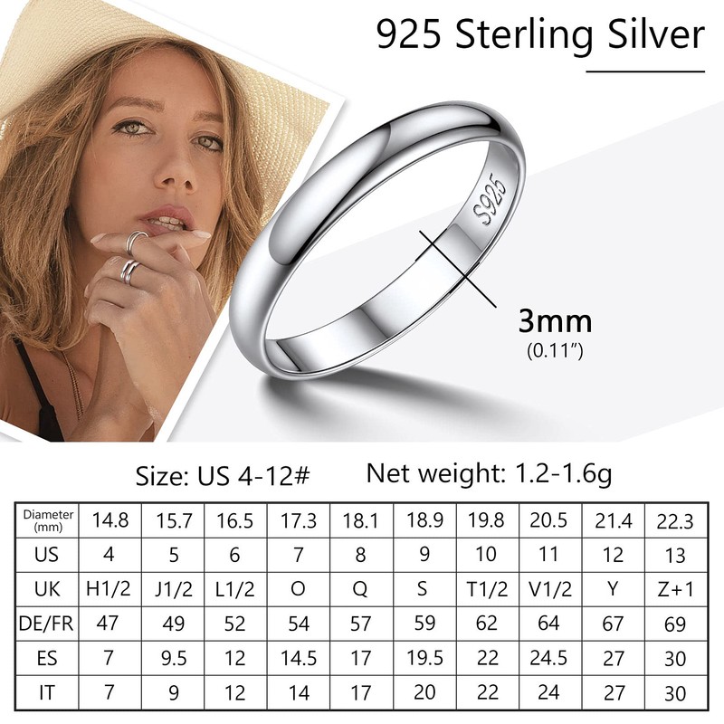 PROSILVER Womens 3mm Wedding Rings Toe Rings for Women Silver