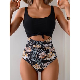 Eomenie - Traje de baño de una pieza para mujer, control de abdomen, adelgazante, con nudo recortado, Estampado negro floral, Small