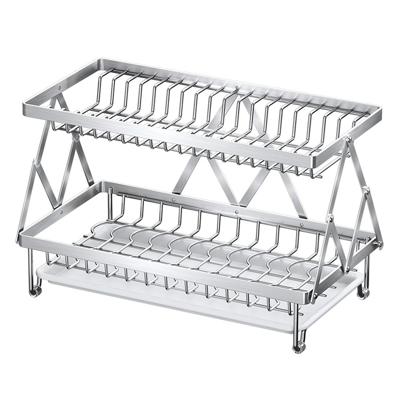 2-Tier 304 Stainless Steel Dish Rack, Foldable Over Sink with