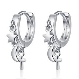 Unbranded Women 925 Silver Plated Dangle Cross Moon Star Charms Huggie Hoop Earrings P1