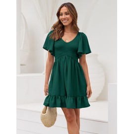 LILLUSORY Women's Flowy Casual Mini Dresses 2024 Summer Smocked V Neck Flutter Sleeve Graduation Dress with Pockets EmeraldGreen M