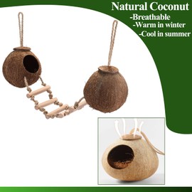 HERCOCCI Gecko Tank Accessories, Hermit Crab Toys Double Coconut Shell Natural Coconut Husk Hut with Climbing Ladder with Suction Cup for Leopard Gecko Snake Reptiles