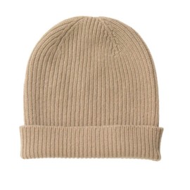 Glen Isla 100% Cashmere Ribbed Beanie Hat Camel Beige - Made in Scotland