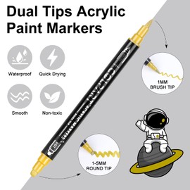HuiSikoo Paint Marker, 4 Pack Dual Tip Acrylic Paint Pens with Medium Tip and Brush Tip, Ideal for Wood, Rock Painting, Canvas, Stone, Glass, Ceramic and DIY Crafts (4 color)