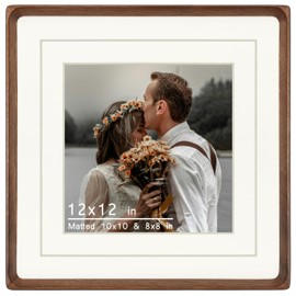 VAUWINEK Square 12x12 Picture Frame, Display Photos 8x8/10x10 with Mat or 12x12 without Mat, Made of Solid Walnut Wood with Real Glass Vertical Horizontal Standing Tabletop Wall Hanging Gallery Poster