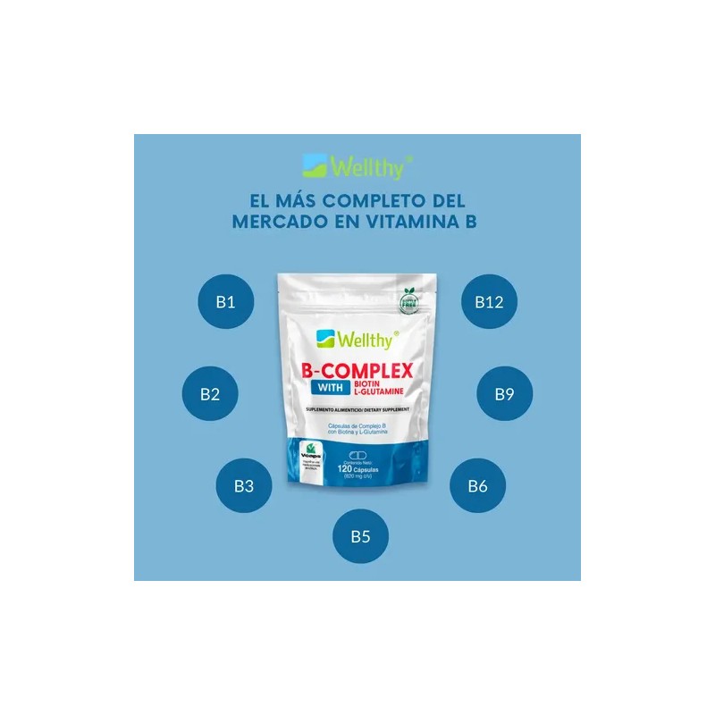 Complejo B Con Glutamina Y Biotina, 120 Cápsulas Wellthy
