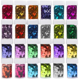 Party Monkeys 24 Pack Glitter Stars & Hearts Sequins - Assorted Colors Craft Embellishments for DIY Arts & Crafts, Decorations, Scrapbook, Card Making & Make up