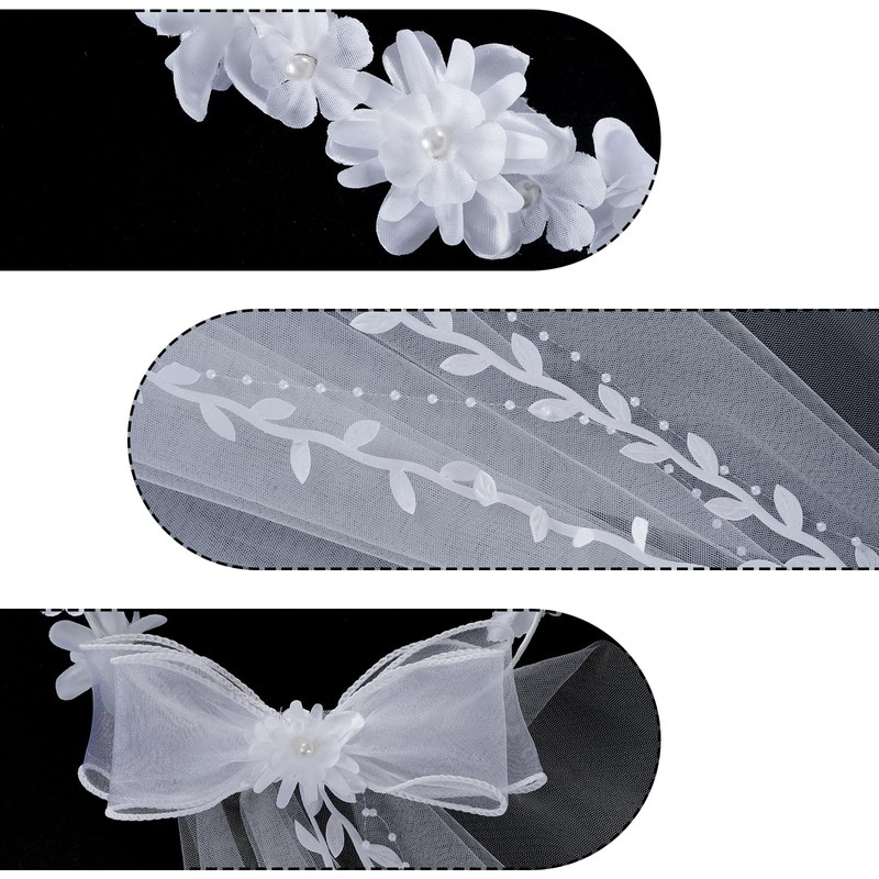 Lystaii Girls First Communion Veil White Bowknot Pearls Crystal Rhinestone