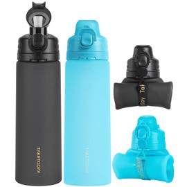 TakeToday Collapsible Water Bottles 21oz 2 Pack, Leak Proof, BPA-Free, Foldable Silicone Travel Water Bottle with Straw Strap for Traveling, Outdoor (Black&Ocean)