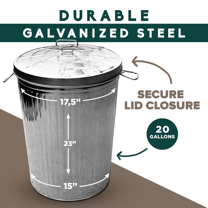 MARKSON 20 Gallon Galvanized Steel Trash Can with Lid -