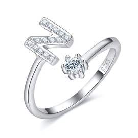 CRYSLOVE Women’s / Girls’ Letter Ring - 925 Sterling Silver - Open & Adjustable Initial Ring - A-Z Alphabet Rings with Gift Box, Silver, N