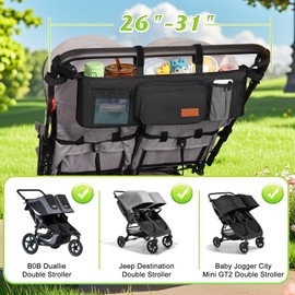 Guiseapue Double Stroller Organizer with 2 Insulated Cup Holders: Parent Console Double Jogging Stroller Caddy, Stroller Accessories Fits for Baby Jogger City Mini GT2 and Jeep Double Stroller