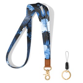 Hsxnam Neck Lanyard Key Chain, Long Lanyard Strap Keychain Holder for Women Men Car Keys ID Badges Card Wallet Phone Camera, Blue Leaves