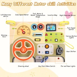 Busy Board Montessori Toy with Simulated Steering Wheel and LED Light Switches, Activity Board, Motor Skills Board, Wooden Switch Board for Busy Board from 1 Year - Gift for Boys and Girls from 1 2 3