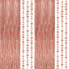 KatchOn Rose Gold Fringe Curtain with Circle Garland - 8x3.25 Feet, Pack of 3 | Rose Gold Streamers for Birthday Decorations | Backdrop Curtain for Bachelorette Party Decorations
