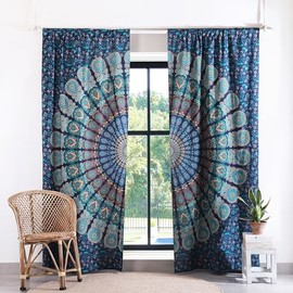 Popular Handicrafts Blue Hippie Mandala Curtains 74 Inch Length for Living Room Bedroom 2 Panels Set Light Filtering Semi Sheer Window Curtains 50 Inch Width Boho Farmhouse Drapes W50xL74 Turquoise