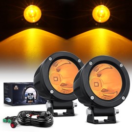 Nilight Motorcycle Led Pods Amber Fog Lights 2PCS 3Inch Yellow round led offroad Built-in EMC Driving Lights w/ 18AWG DT Wiring harness Kit for Motorbike SUV ATV Truck Boat Tractor, 5 Years Warranty