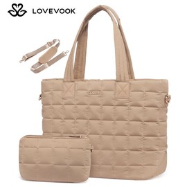 LOVEVOOK Mothers' Day 15.6'' and 17.3'' Laptop Tote Puffer Bag for Women, Spring Glow Up Large Puffy Shoulder Bag for Work, Lightweight Quilted Travel Tote Bags for College, Work, and Everyday Use, Nylon Crossbody Bag with Clutch Purse.:_Coffee Brown_M