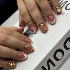 White French Tip Press on Nails Extra Short Oval OFDNE 3D Fake Nails Petite False Nails with Gold Swirl Designs Full Cover Glossy Glue on Nails Acrylic Nails for Women Girls 24Pcs