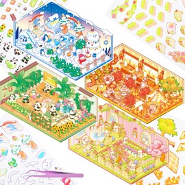4 Sets DIY 3D Fun Large Size House Scene Stickers with Tweezer Make Your Own Four Seasons Scenes Cute Animal Amusement Park Garden Bamboo Grove Micro Stickers for Relief Stress Pass The Time