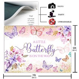 Avezano Baby Shower Backdrop A Little Butterfly is On The Way Backdrops for Girls Pink and Purple Butterflies Baby Shower Party Decorations Watercolor Floral Photo Background for Mother-to-be (7x5ft)
