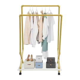 DreamRcoach Heavy Duty Clothes Rack, Floorstanding Metal Garment Rack with Wheels, Portable Rolling Clothes Rack for Bedrooms, Living Rooms, Laundry Rooms.