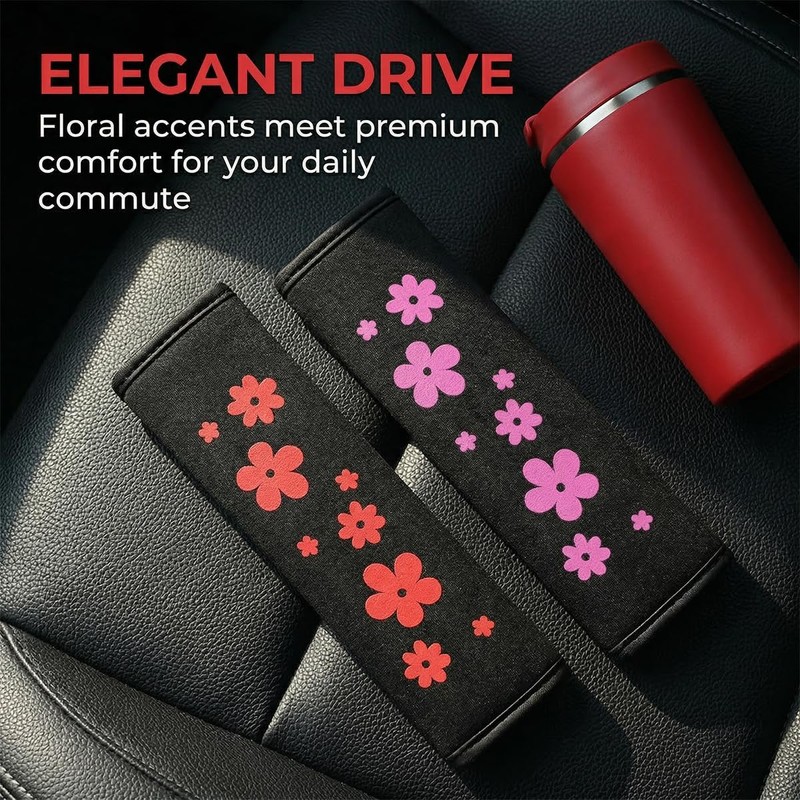 2PCS Car Seat Belt Covers, Flower Soft Comfortable Vehicle Seatbelt