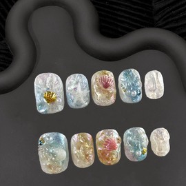 Short Square Shaped Press on Nails Gradient Fake Nails Handmade Press on Nails Luxury Starfish Seashell and Pearl Designs Full Cover Thick Stick on Nails Glitter Acrylic Nails for Women (Size M)