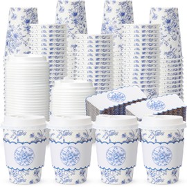 Qinyoung 100 Set Blue Floral Paper Coffee Cups with Lids and Sleeves 12 oz Vintage Flower Disposable Drinking Cups Bulk for Birthday Wedding Bridal Shower Tea Party Supplies