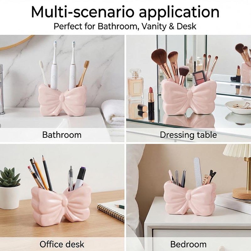 Pink Bow Toothbrush Holder,2‑Slot Ceramic Cute Girly Bathroom Decor